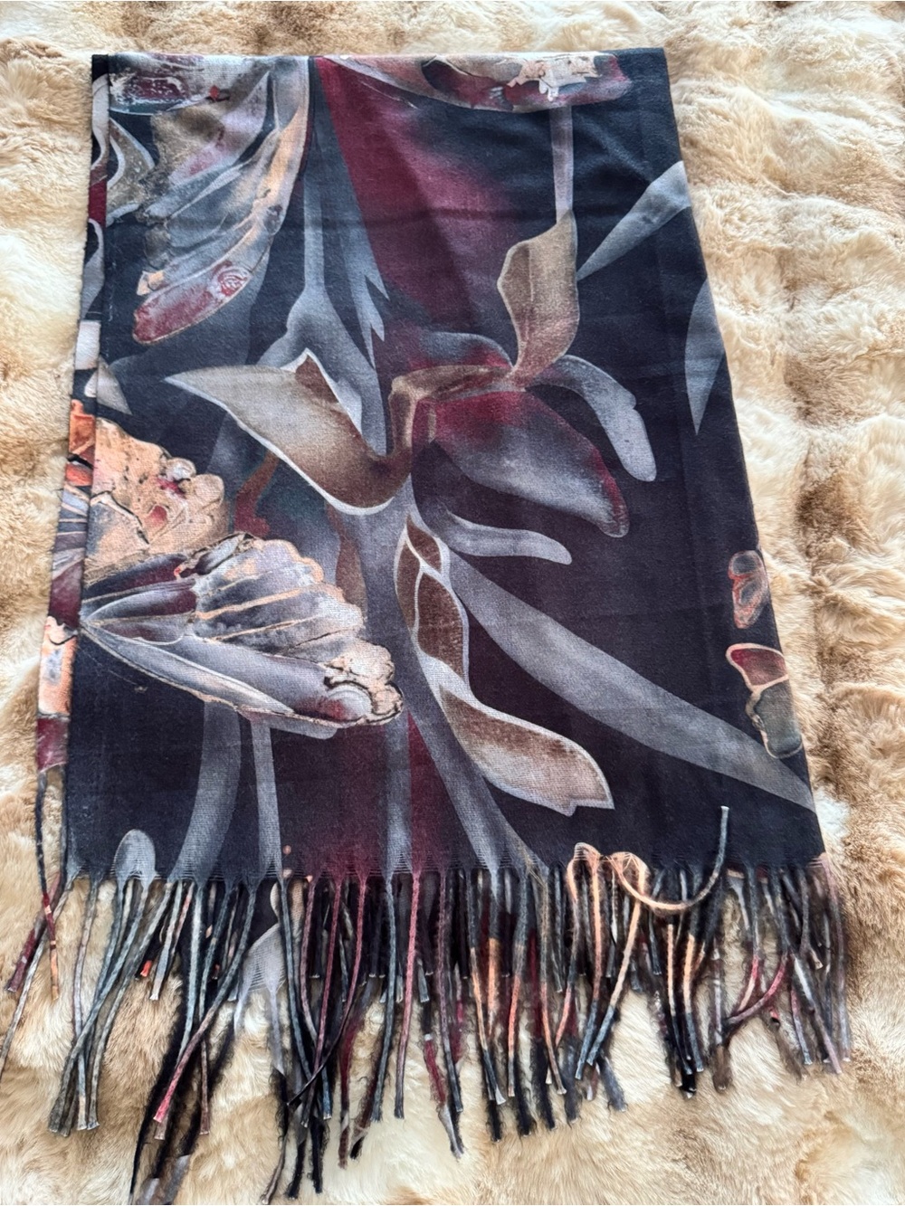 Floral Fringe Wrap Scarf - Black & Burgundy - Picture 2 of 4